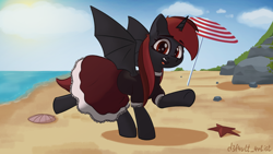 Size: 2560x1440 | Tagged: safe, artist:d3f4ult_4rt1st, oc, oc only, alicorn, bat pony, bat pony alicorn, pony, bat wings, beach, clothes, cloud, dress, happy, horn, raised hoof, solo, spread wings, wings