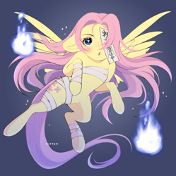 Size: 1506x1514 | Tagged: safe, artist:aniimoni, fluttershy, jiangshi, pegasus, pony, undead, g4, bandage, blushing, female, fire, floppy ears, gradient background, looking at you, mare, ofuda, open mouth, paper talisman, solo, spread wings, wings