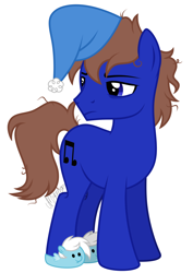 Size: 2010x2834 | Tagged: safe, artist:feather_bloom, oc, oc only, oc:blue_skies, earth pony, pony, clothes, grumpy, hat, high res, messy mane, nightcap, simple background, sleepy, slippers, solo, white background