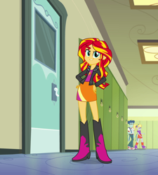 Size: 968x1076 | Tagged: safe, screencap, curly winds, some blue guy, sunset shimmer, human, equestria girls, g4, canterlot high, door, female, hallway, hand on hip, lockers, smugface, smugset shimmer, trio