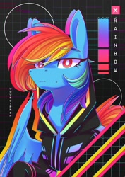 Size: 2480x3508 | Tagged: safe, artist:wavecipher, rainbow dash, pegasus, pony, g4, clothes, cyberpunk, cyberpunk 2077, high res, hoodie, looking at you, solo