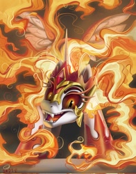 Size: 1604x2048 | Tagged: safe, artist:brdte, daybreaker, alicorn, pony, g4, fangs, female, fire, looking at you, mare, open mouth, open smile, smiling, solo, spread wings, wings