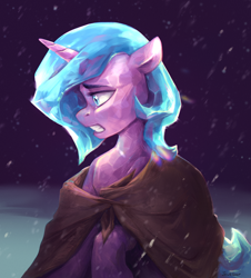 Size: 1200x1330 | Tagged: safe, artist:jewellier, idw, radiant hope, crystal pony, pony, unicorn, the crystal empire 10th anniversary, g4, siege of the crystal empire, cloak, clothes, simple background, snow, snowfall, solo