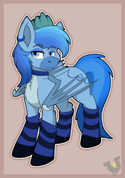 Size: 2057x2921 | Tagged: safe, artist:rokosmith26, oc, oc only, oc:simon pegasus, bat pony, pony, bat eyes, bat pony oc, bat wings, blue, blue coat, blue eyes, blue eyeshadow, blue fur, blue mane, blue socks, border, cheek fluff, chest fluff, claws, clothes, coat markings, collar, colored wings, commission, crown, digital art, ear piercing, earring, eyeshadow, fangs, high res, jewelry, lidded eyes, long tail, makeup, male, markings, piercing, regalia, simple background, smiling, socks, solo, stallion, standing, striped background, striped mane, striped socks, striped tail, tail, two toned wings, wall of tags, watermark, wing claws, wings