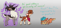 Size: 4693x2160 | Tagged: safe, artist:deacoti, arizona (tfh), stronghoof hoofstrong (tfh), velvet (tfh), cow, deer, reindeer, them's fightin' herds, blue text, community related, dialogue, doe, eyes closed, father and child, father and daughter, female, gradient background, gray background, green text, imminent pain, jojo's bizarre adventure, male, menacing, overprotective, papa wolf, simple background, stag, this will end in pain, this will not end well, trio, uh oh, ゴ ゴ ゴ