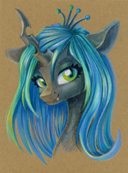 Size: 887x1200 | Tagged: safe, artist:maytee, queen chrysalis, changeling, changeling queen, bust, colored pencil drawing, female, portrait, smiling, solo, traditional art