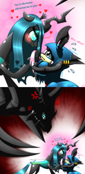 Size: 3948x8016 | Tagged: safe, artist:questionmarkdragon, fluttershy, queen chrysalis, oc, oc:qoah, changeling, changeling queen, insect, original species, g4, blushing, chrysashy, cloak, clothes, female, floating heart, flutterhive, heart, lesbian, magical parthenogenic spawn, offspring, overprotective, parent:fluttershy, shipping, species swap, this nearly ended in death