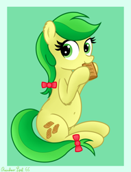 Size: 2955x3876 | Tagged: safe, artist:rainbowšpekgs, apple fritter, earth pony, pony, g4, apple family member, apple fritter (food), belly, belly button, bow, chubby, cute, ear fluff, eating, female, food, herbivore, high res, mare, name pun, nom, sitting, solo