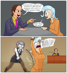 Size: 3000x3293 | Tagged: safe, artist:moonatik, trixie, human, g4, 2 panel comic, ace attorney, boots, breasts, clothes, coffee cup, comic, crossover, cuffs, cup, female, franziska von karma, handcuffed, high res, humanized, male, necktie, prison outfit, saul goodman, shoes, skirt, suit, table, tights, whip, whipping