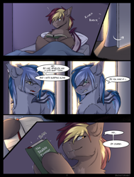 Size: 2500x3300 | Tagged: safe, artist:snowstormbat, oc, oc only, oc:arden heatwave, oc:midnight snowstorm, bat pony, pony, comic:old habits, blushing, book, brothers, comic, cute, dialogue, duo, glasses, high res, imminent incest, male, siblings, smiling, stallion