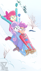 Size: 2100x3585 | Tagged: safe, artist:theretroart88, apple bloom, scootaloo, sweetie belle, human, equestria girls, g4, christmas, clothes, cutie mark crusaders, eyebrows, female, group, hands in the air, high res, holiday, kneeling, open mouth, open smile, pants, signature, sled, smiling, snow, sweater, trio, trio female, winter