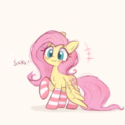 Size: 1758x1758 | Tagged: safe, artist:kqaii, fluttershy, pegasus, pony, g4, :3, blushing, chest fluff, clothes, cute, emanata, female, mare, raised hoof, shyabetes, simple background, socks, solo, spread wings, striped socks, text, white background, wings, wings down