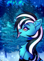 Size: 2500x3500 | Tagged: safe, artist:stesha, oc, oc only, oc:purapoint, earth pony, pony, blue pony, bust, catchlights, chest fluff, commission, ear fluff, earth pony oc, evening, forest, forest background, freckles, heart, heart eyes, high res, looking at something, male, smiling, snow, snowfall, snowflake, solo, stallion, tongue out, tree, wingding eyes, winter