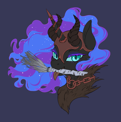 Size: 2247x2264 | Tagged: safe, artist:taytinabelle, derpibooru exclusive, nightmare moon, alicorn, pony, g4, armor, armored pony, bedroom eyes, birch tree, blue background, bust, chains, choker, colored eyelashes, fangs, female, fur coat, helmet, high res, horned helmet, jewelry, krampus, looking at you, mare, mouth hold, necklace, simple background, smiling, solo, tongue out, tree, tree branch