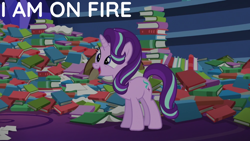 Size: 1920x1080 | Tagged: safe, edit, edited screencap, editor:quoterific, screencap, starlight glimmer, pony, unicorn, every little thing she does, g4, book, female, mare, open mouth, pile of books, solo, twilight's castle