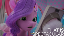 Size: 1920x1080 | Tagged: safe, edit, edited screencap, editor:quoterific, screencap, pipp petals, seashell (g5), pegasus, pony, g5, have you seen this dragon?, my little pony: make your mark, my little pony: make your mark chapter 2, spoiler:my little pony: make your mark chapter 2, spoiler:mymc02e08, awe, coat markings, female, filly, foal, headband, jewelry, looking at something, mare, offscreen character, open mouth, phone, pippsqueaks, reaction image, regalia, showing, socks (coat markings), solo focus, spread wings, wings