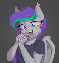 Size: 994x1067 | Tagged: safe, artist:melodylibris, oc, oc only, oc:lony, bat pony, anthro, bat pony oc, blushing, female, gray background, knife, licking, looking at something, mare, open mouth, simple background, solo, tongue out