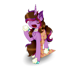 Size: 1000x1000 | Tagged: safe, artist:kathepart, oc, oc:kathepaint, pony, unicorn, blanket, chest fluff, clothes, collar, ear fluff, freckles, long mane, messy mane, piercing, simple background, sleepy, slippers, solo, tongue piercing, transparent background, yawn