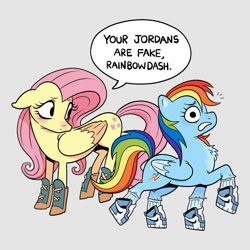 Size: 2000x2000 | Tagged: safe, artist:quazies, fluttershy, rainbow dash, pegasus, pony, g4, air jordans, blushing, boots, chest fluff, clothes, colored wings, colored wingtips, dialogue, duo, emanata, female, floppy ears, frown, gray background, gritted teeth, high res, mare, monologue, nike, shoes, simple background, sneakers, socks, speech bubble, talking, teeth, wide eyes, wings