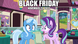 Size: 2064x1158 | Tagged: safe, artist:not-yet-a-brony, artist:osipush, starlight glimmer, trixie, pony, unicorn, g4, 2022, black friday, female, friends, mare, november, shocked, shocked expression, shopping, shopping list, song reference, store, this will not end well, youtube link in the description
