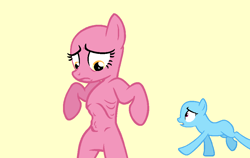Size: 980x619 | Tagged: source needed, safe, artist:ameliagirls53, earth pony, pony, g4, hearts and hooves day (episode), season 2, background pony, bald, base, bipedal, concave belly, duo, emaciated, eyelashes, famine, female, frown, hungry, looking at belly, malnourished, mare, open mouth, running, simple background, starvation, starving, stomach growl, stomach noise, tan background, underhoof