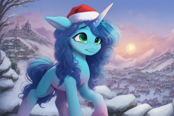 Size: 1536x1024 | Tagged: safe, ai assisted, ai content, artist:craft, derpibooru exclusive, editor:craft, generator:stable diffusion, misty brightdawn, pony, unicorn, g5, alternate hairstyle, christmas, female, hat, holiday, horn, mare, santa hat, scenery, solo, winter