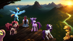 Size: 1792x1024 | Tagged: safe, ai assisted, ai content, editor:paracompact, generator:purplesmart.ai, generator:stable diffusion, applejack, fluttershy, pinkie pie, rainbow dash, rarity, twilight sparkle, oc, human, g4, commission, forest, mane six, rear view, river, sunset, water