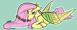 Size: 1280x497 | Tagged: safe, artist:laurabaggins, fluttershy, pegasus, pony, g4, bracelet, female, flower, flower in hair, green background, jewelry, lying down, mare, prone, signature, simple background, solo