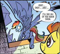 Size: 874x789 | Tagged: safe, artist:andy price, idw, screencap, rainbow dash, spitfire, pegasus, pony, g4, season 10, spoiler:comic, spoiler:comic100, broken window, butt, dialogue, eyes on the prize, large wings, open mouth, plot, rainbutt dash, smiling, speech bubble, spread wings, text, window, wings