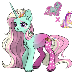Size: 1080x1080 | Tagged: safe, artist:crumbelinadicarmello, minty, oc, alicorn, earth pony, pony, unicorn, g3, g4, avatar maker fantasy pony, body markings, candy, ear fluff, facial markings, food, freckles, generational ponidox, gradient body, gradient legs, hair accessory, heart, holiday, hoof shoes, horn, jewelry, long mane, magical lesbian spawn, offspring, parent:minty, parent:princess cadance, parents:mintydance, peytral, pink mane, princess, purple eyes, simple background, solo, sprinkles, tiara, transparent background, unicorn oc, unshorn fetlocks, valentine's day, winter minty, yellow mane