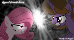 Size: 2080x1130 | Tagged: safe, artist:muhammad yunus, oc, oc only, oc:annisa trihapsari, oc:princess kincade, alicorn, earth pony, pony, series:the legend of tenderheart, angry, black background, duo, duo female, female, fight, furious, glowing, glowing eyes, gritted teeth, ibispaint x, lightning, mare, rage, simple background, teeth, unamused, unhappy