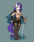 Size: 1600x2000 | Tagged: safe, artist:asimos, rarity, unicorn, anthro, absolute cleavage, breasts, cape, cleavage, clothes, rapier, simple background, solo, sword, weapon