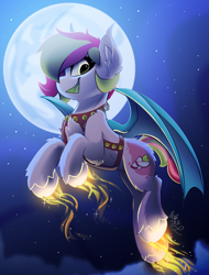 Size: 1900x2500 | Tagged: safe, artist:starcasteclipse, part of a set, oc, oc only, bat pony, pony, commission, female, flying, full moon, glowing, glowing hooves, harness, jingle bells, mare, moon, night, night sky, sky, smiling, solo, tack, ych result