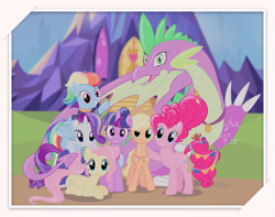 Size: 1193x941 | Tagged: safe, artist:thurder2020, applejack, fluttershy, pinkie pie, rainbow dash, rarity, spike, twilight sparkle, alicorn, dragon, pony, unicorn, g4, alternate design, alternate scenario, alternate universe, mane seven, mane six, older, older applejack, older fluttershy, older mane seven, older mane six, older pinkie pie, older rainbow dash, older rarity, older spike, older twilight, twilight sparkle (alicorn), twilight will not outlive her friends, twilight's castle, unicorn twilight, winged spike, wings