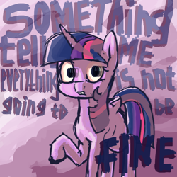 Size: 1500x1500 | Tagged: safe, artist:halfaman, twilight sparkle, alicorn, pony, g4, concerned, error, fog, glitch, mist, quote, red eyes, solo, standing