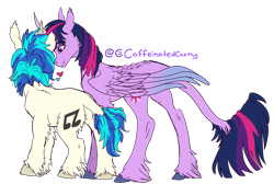 Size: 1630x1095 | Tagged: safe, artist:caffeinatedcarny, dj pon-3, twilight sparkle, vinyl scratch, alicorn, pony, unicorn, g4, back fluff, chest fluff, concave belly, ear fluff, female, fluffy, heart, height difference, hoof fluff, horn, horn runes, leg fluff, leonine tail, lesbian, mare, physique difference, scar, ship:vinylight, shipping, simple background, slender, tail, thin, transparent background, twilight sparkle (alicorn), unshorn fetlocks, wings