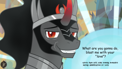 Size: 1920x1080 | Tagged: safe, artist:facelessjr, king sombra, pony, unicorn, the crystal empire 10th anniversary, g4, close-up, comic sans, crystal empire, evil, explosion, fangs, imminent death, looking at you, magical energy weapon, male, meme, moments before disaster, quote, red eyes, shitposting, smiling, smug, solo, stallion, teeth