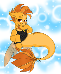 Size: 1447x1768 | Tagged: safe, artist:dozyarts, oc, oc only, oc:peach harvest, seapony (g4), bubble, dorsal fin, female, fin, fin wings, fins, fish tail, floppy ears, flowing mane, flowing tail, gills, jewelry, lace, lidded eyes, looking at you, necklace, ocean, pearl necklace, red eyes, scales, smiling, smiling at you, solo, swimming, tail, underwater, water, wings
