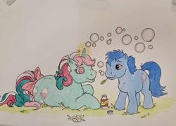 Size: 1144x825 | Tagged: safe, artist:foxspotted, baby lucky, fizzy, earth pony, pony, twinkle eyed pony, unicorn, g1, bubble, bubble solution, bubble wand, duo, female, filly, foal, mare, mouth hold, traditional art