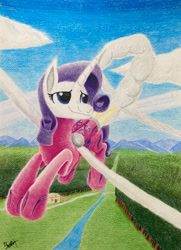 Size: 760x1051 | Tagged: safe, artist:grffxs, rarity, alicorn, pony, g4, alicornified, building, clothes, cloud, commissioner:michaelthefiredragon, female, flight suit, flying, forest, jetpack, jumpsuit, mare, mountain, mountain range, nature, outdoors, race swap, raricorn, road, sky, smiling, solo, traditional art, tree, wings