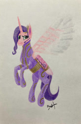 Size: 723x1105 | Tagged: safe, artist:grffxs, pipp petals, alicorn, pony, g5, alicornified, clothes, commissioner:michaelthefiredragon, earpiece, flight suit, flying, jetpack, jumpsuit, pippcorn, race swap, simple background, solo, traditional art