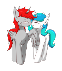 Size: 1400x1600 | Tagged: safe, artist:tx547, oc, oc only, oc:ericken, oc:time slowly, alicorn, pony, unicorn, 2023 community collab, derpibooru community collaboration, alicorn oc, blushing, boop, cheek fluff, chest fluff, duo, ericly, eyes closed, glasses, horn, noseboop, simple background, transparent background, wings