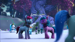 Size: 1921x1077 | Tagged: safe, screencap, aquamarine forsythia, azalea fields, clean cut, crystal cove, joli rouge, onyx, vidalia fields, pony, unicorn, g5, my little pony: make your mark, winter wishday, spoiler:g5, background pony, bridlewood, clothes, female, glasses, male, mare, offscreen character, scarf, snowpony, stallion, together tree, wishing tree