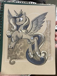 Size: 1536x2048 | Tagged: safe, artist:andypriceart, princess cadance, alicorn, pony, crown, female, flying, grayscale, hoof shoes, jewelry, mare, monochrome, photo, regalia, smiling, solo, traditional art