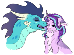 Size: 3917x2937 | Tagged: safe, artist:venommocity, princess ember, starlight glimmer, dragon, pony, licking, simple background, tongue out, white background