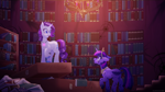 Size: 1920x1080 | Tagged: safe, artist:willoillo, rarity, twilight sparkle, alicorn, pony, unicorn, fanfic:the enchanted library, g4, big crown thingy, book, bookshelf, chandelier, element of magic, fanfic art, female, jewelry, lesbian, library, regalia, romance, ship:rarilight, shipping, twilight sparkle (alicorn)