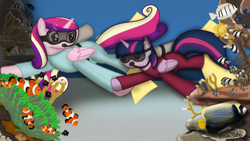 Size: 1920x1080 | Tagged: safe, artist:99999999000, princess cadance, twilight sparkle, alicorn, fish, pony, g4, clownfish, dive mask, duo, duo female, female, flippers (gear), flowing mane, flowing tail, folded wings, goggles, mare, moon, ocean, requested art, scuba diving, scuba gear, swimming, tail, twilight sparkle (alicorn), underwater, water, wetsuit, wings