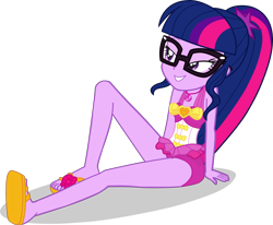 Size: 2636x2172 | Tagged: safe, alternate version, artist:dustinwatsongkx, sci-twi, twilight sparkle, human, equestria girls, g4, accessory swap, bare shoulders, clothes, clothes swap, female, geode of sugar bombs, glasses, high res, magical geodes, one-piece swimsuit, pinkie pie swimsuit, pinkie pie's beach shorts swimsuit, simple background, sleeveless, solo, swimsuit, swimsuit swap, transparent background