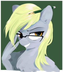 Size: 1110x1251 | Tagged: safe, artist:some_ponu, derpy hooves, pegasus, pony, g4, chest fluff, derp, female, glasses, looking at you, mare, pencil, pencil behind ear, simple background, solo, touching face, wing hands, wings