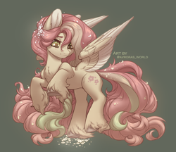 Size: 2600x2250 | Tagged: safe, artist:avroras_world, fluttershy, pegasus, pony, g4, chest fluff, ear fluff, female, flower, flower in hair, green background, green eyes, high res, long hair, long mane, long tail, mare, redesign, simple background, smiling, solo, tail, wings